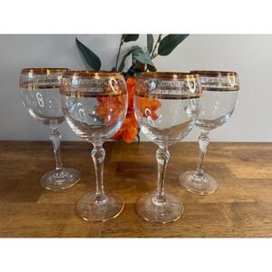 Vintage Copper Encrusted Wine Goblets Etched Floral Rose Gold Stemware Glasses
